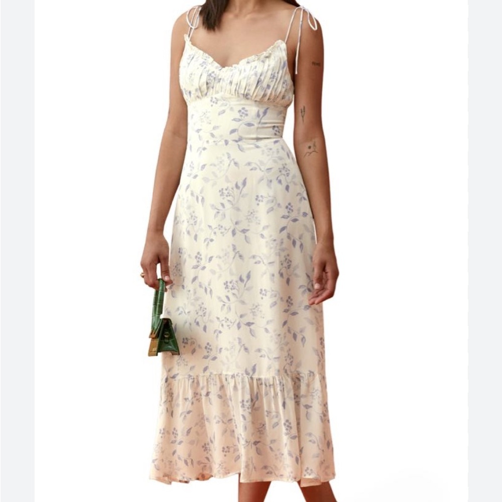 Reformation Cream and Blue Floral Midi Dress
